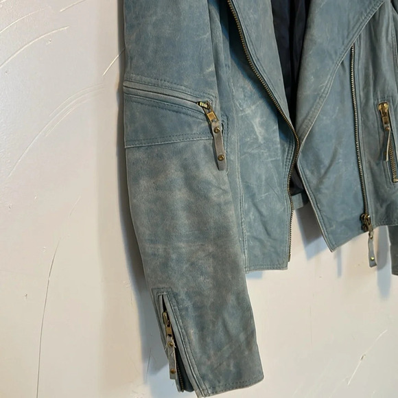 GESTUZ Fitted Distressed Soft Leather Blue Zipper Jacket 38 - Picture 5 of 7